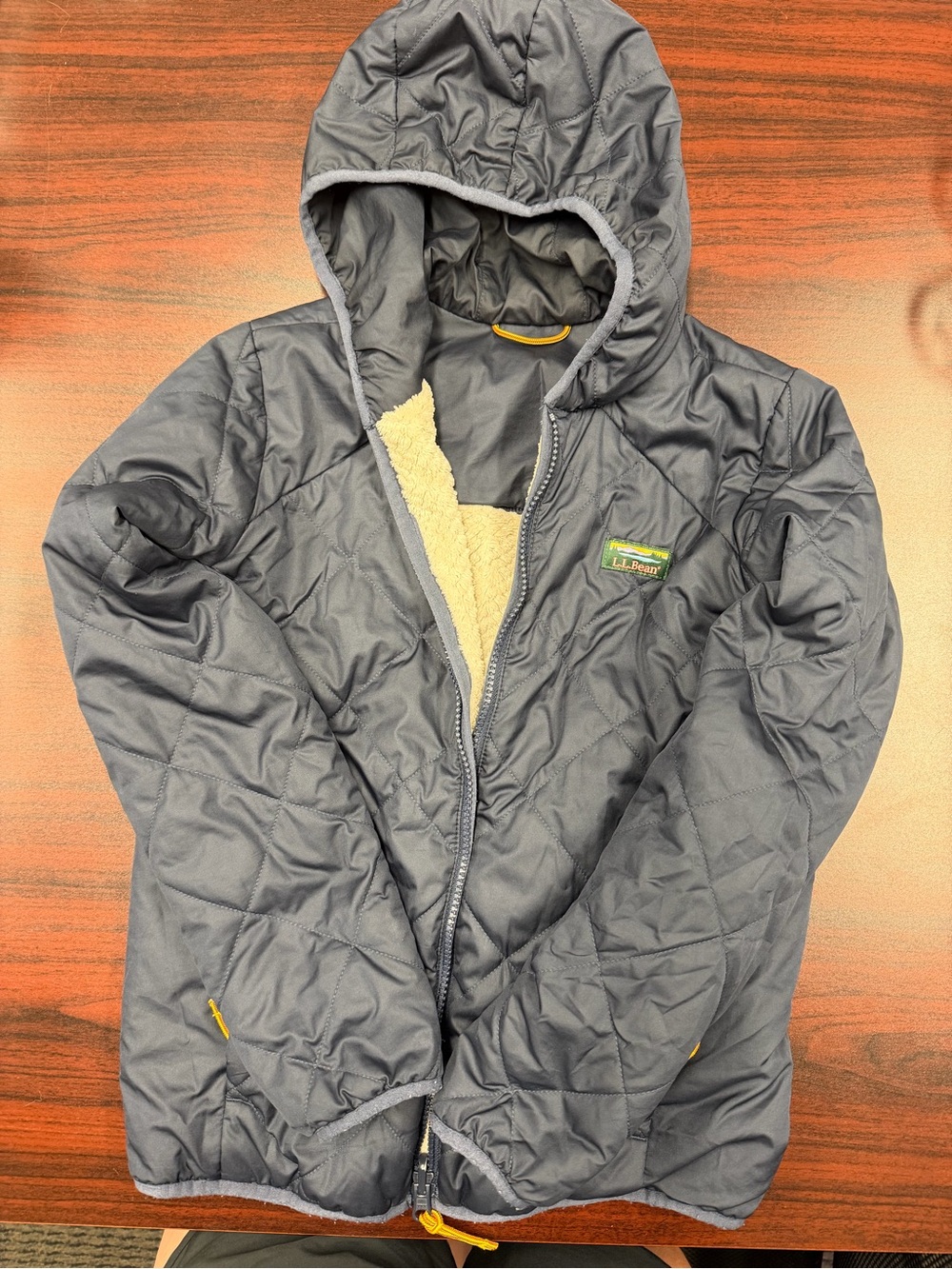 L.L. Bean Kids' Quilted Hooded Puffer Jacket in Navy with Yellow Accents